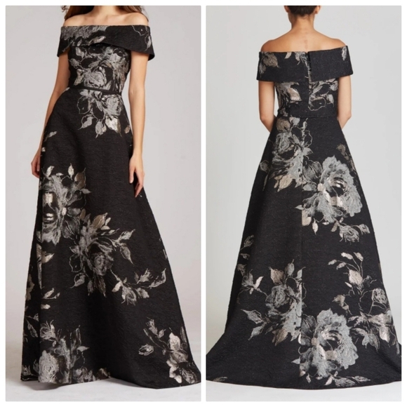 Teri Jon Large Floral Pattern Jacquard Off The Shoulder Gown - Picture 1 of 9